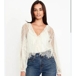 Old Navy Lace Ruffle V-Neck Long Sleeve Blouse Top with Cami Liner Ivory White L